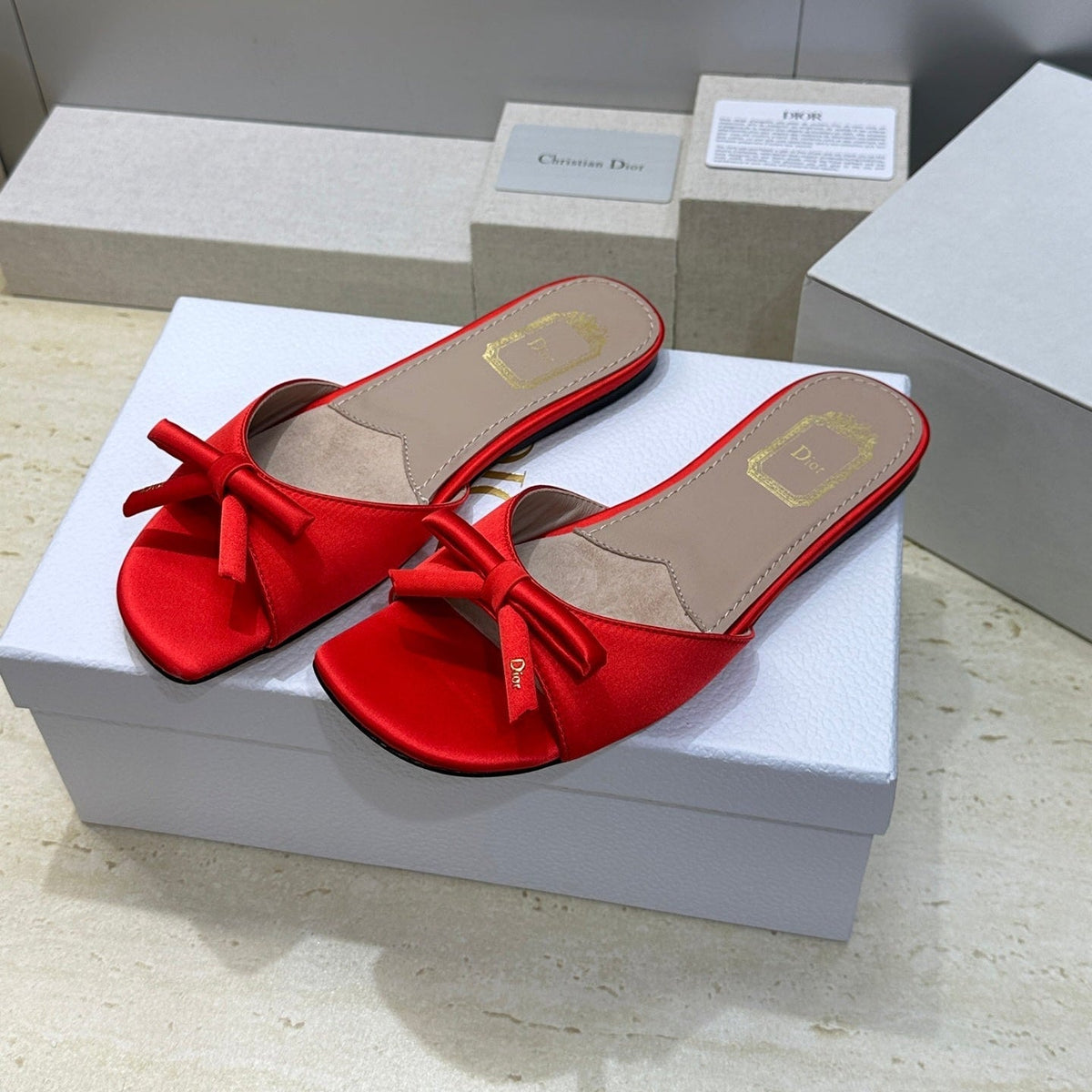 CD Dior Bow Slides Red Satin 884662