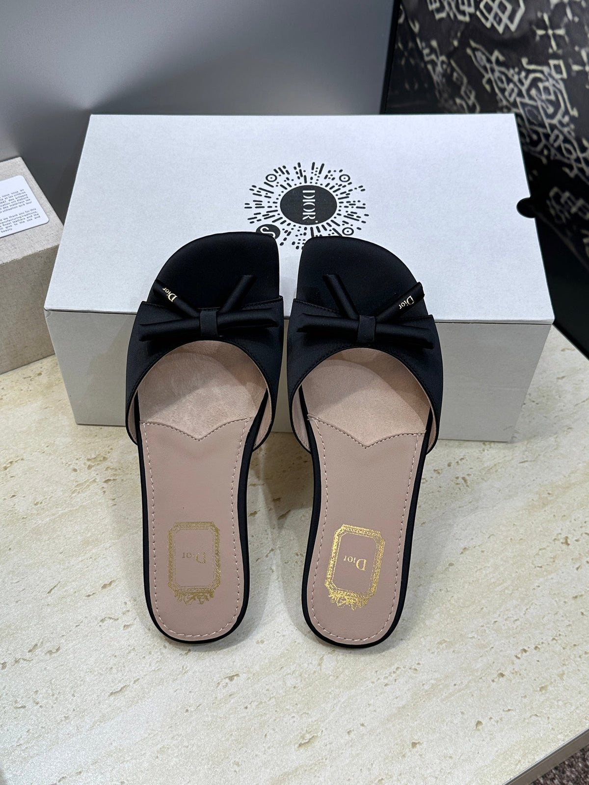 CD Dior Bow Slides Black Satin 884663