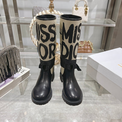 CD D-Major Boot Black Mix Beige Calfskin And Canvas
