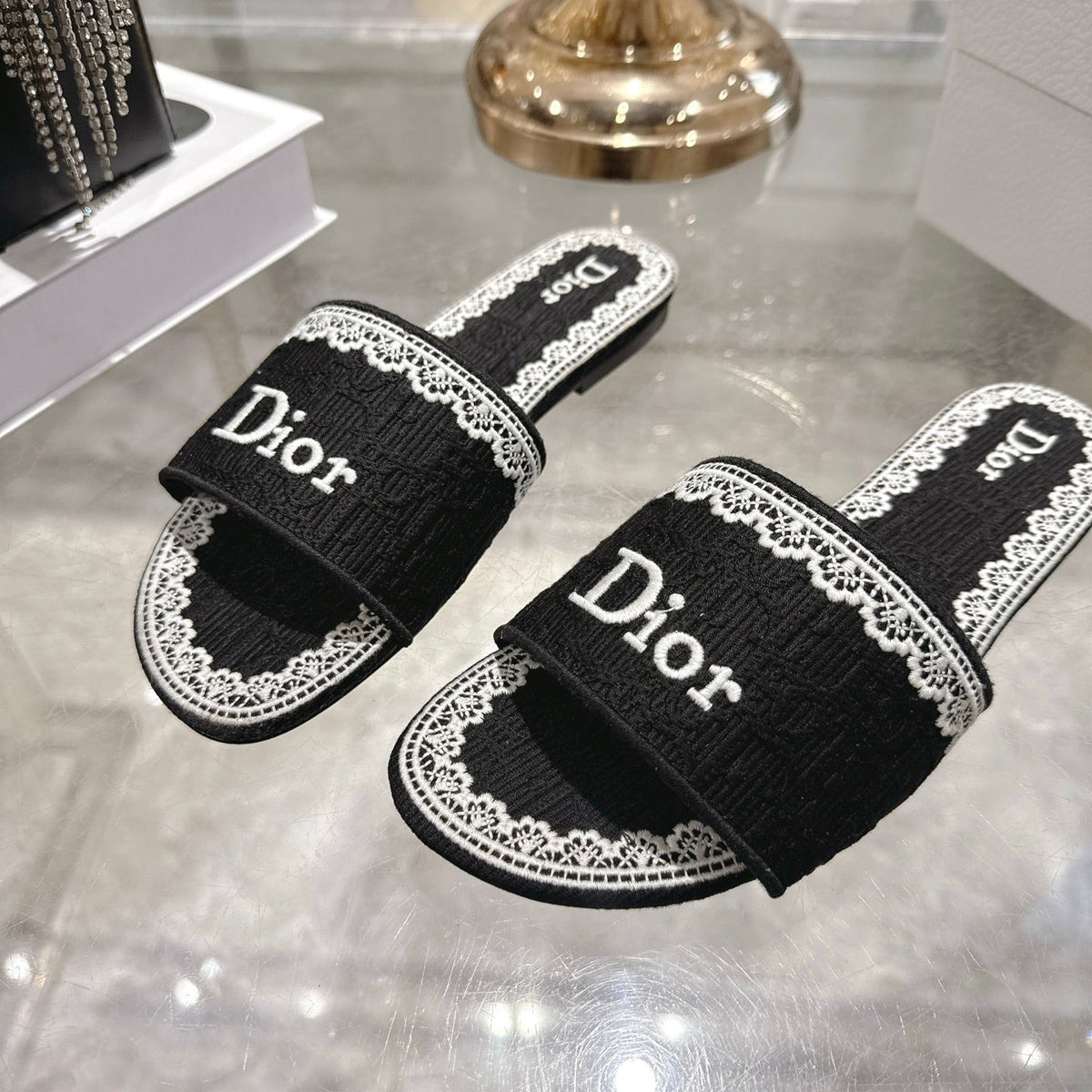 CD 26 Embroidered Sandals Black White Canvas 592246