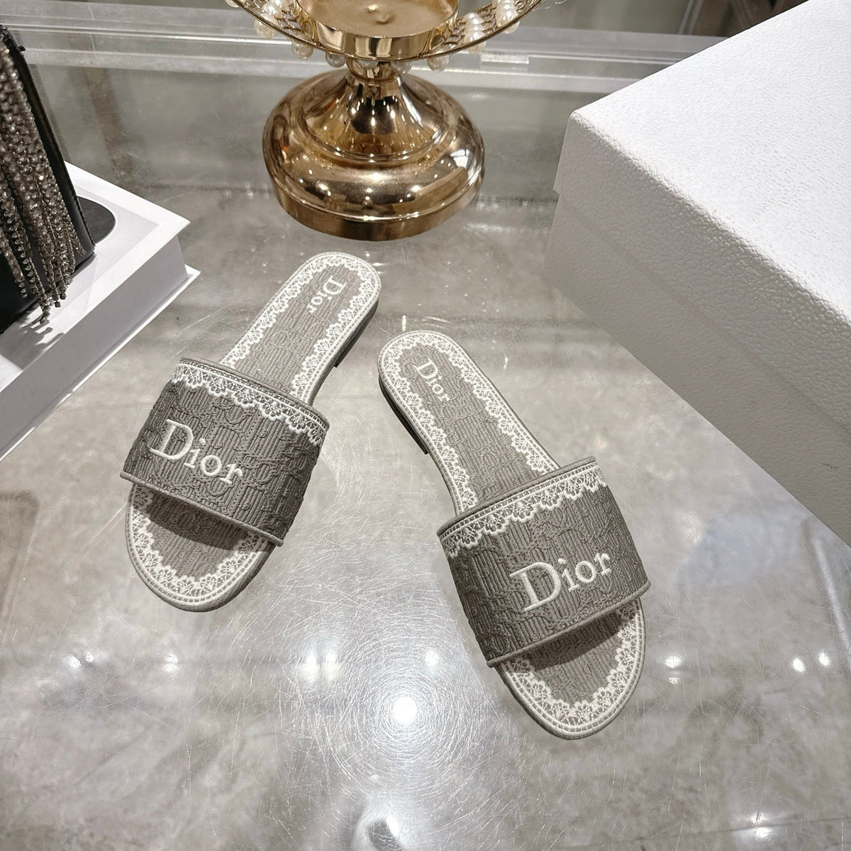 CD 26 Embroidered Sandals Gray White Canvas 592243