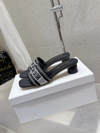 CD 26s Rhinestone Flat Slippers Black Canvas Leather 636390