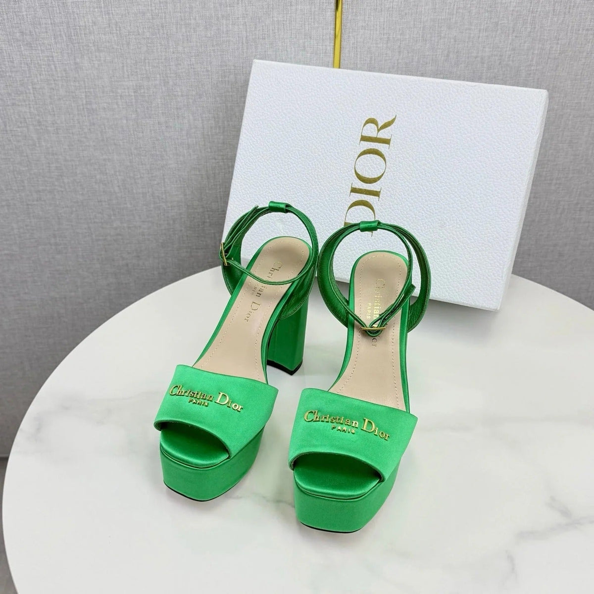 CD 26s Platform Sandals 80 Green Satin Sheepskin 640228