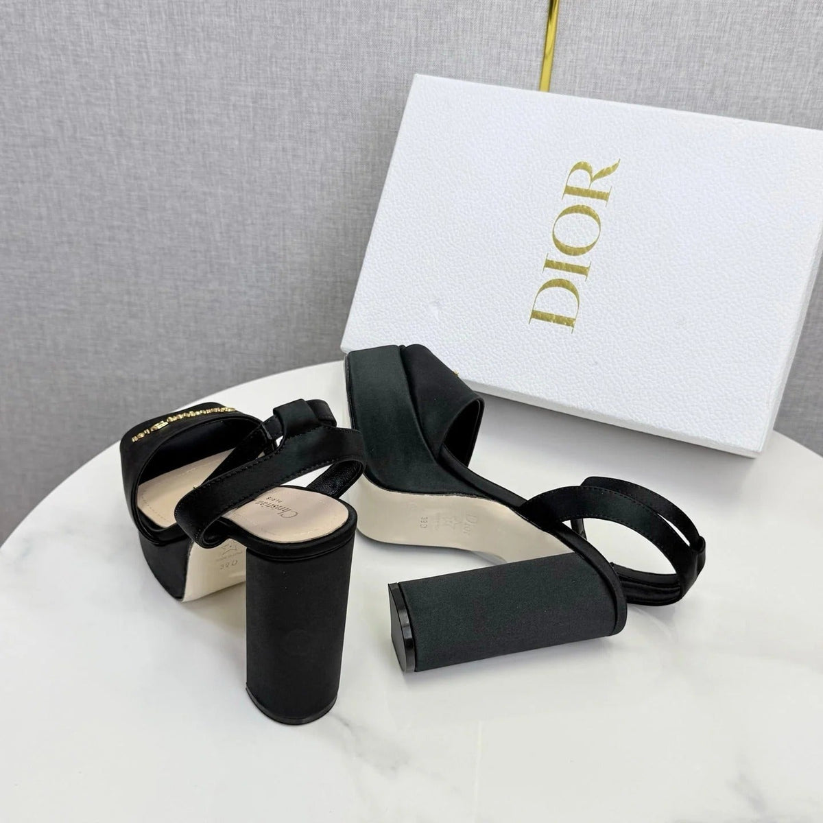 CD 26s Platform Sandals 80 Black Beige Satin Sheepskin 640230