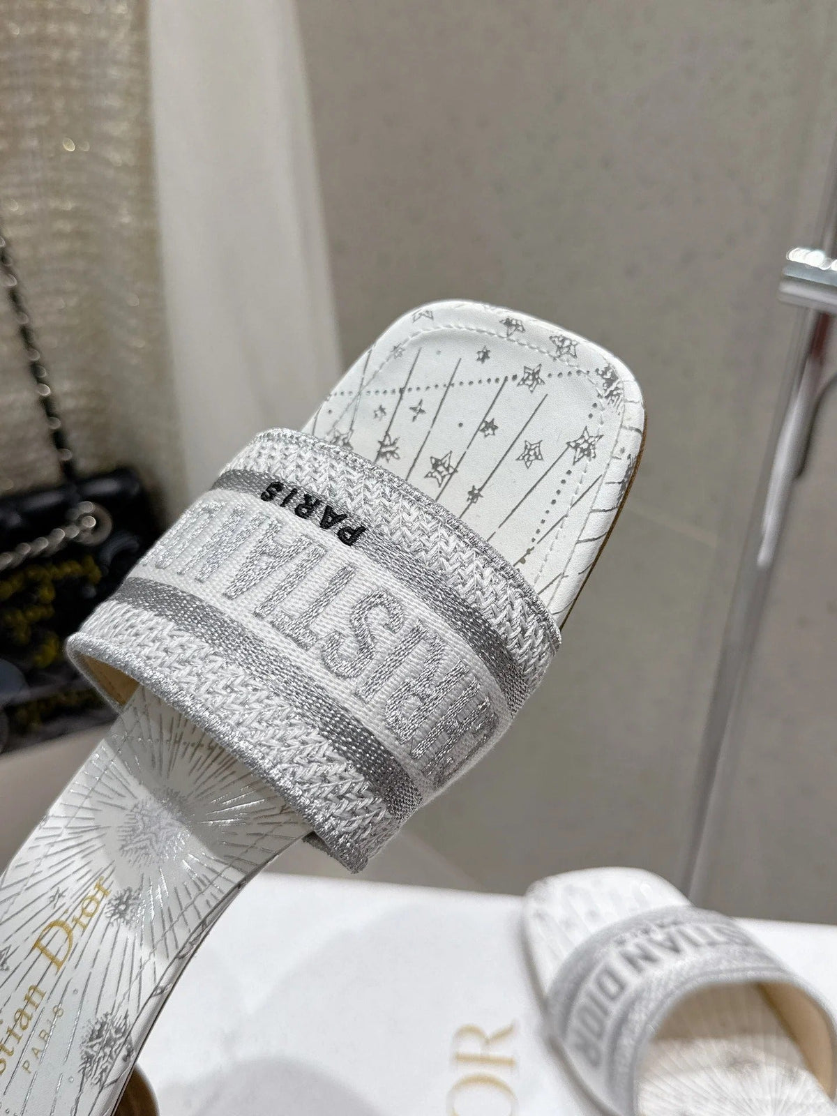 CD 26s Embroidered Flat Slippers White Gray Canvas Leather 636396