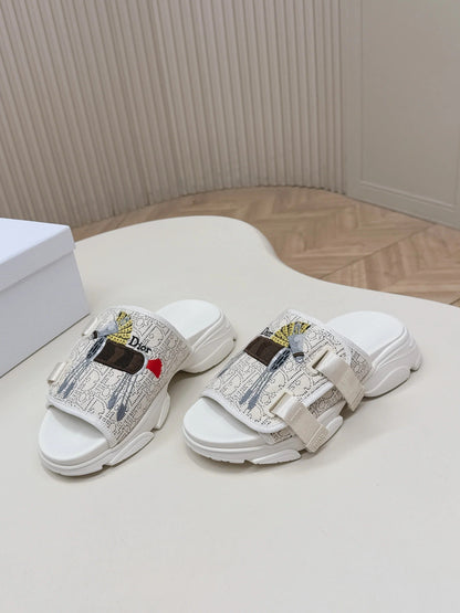 CD 26s Platform Slippers 35 Cream White Canvas Lambskin 643810