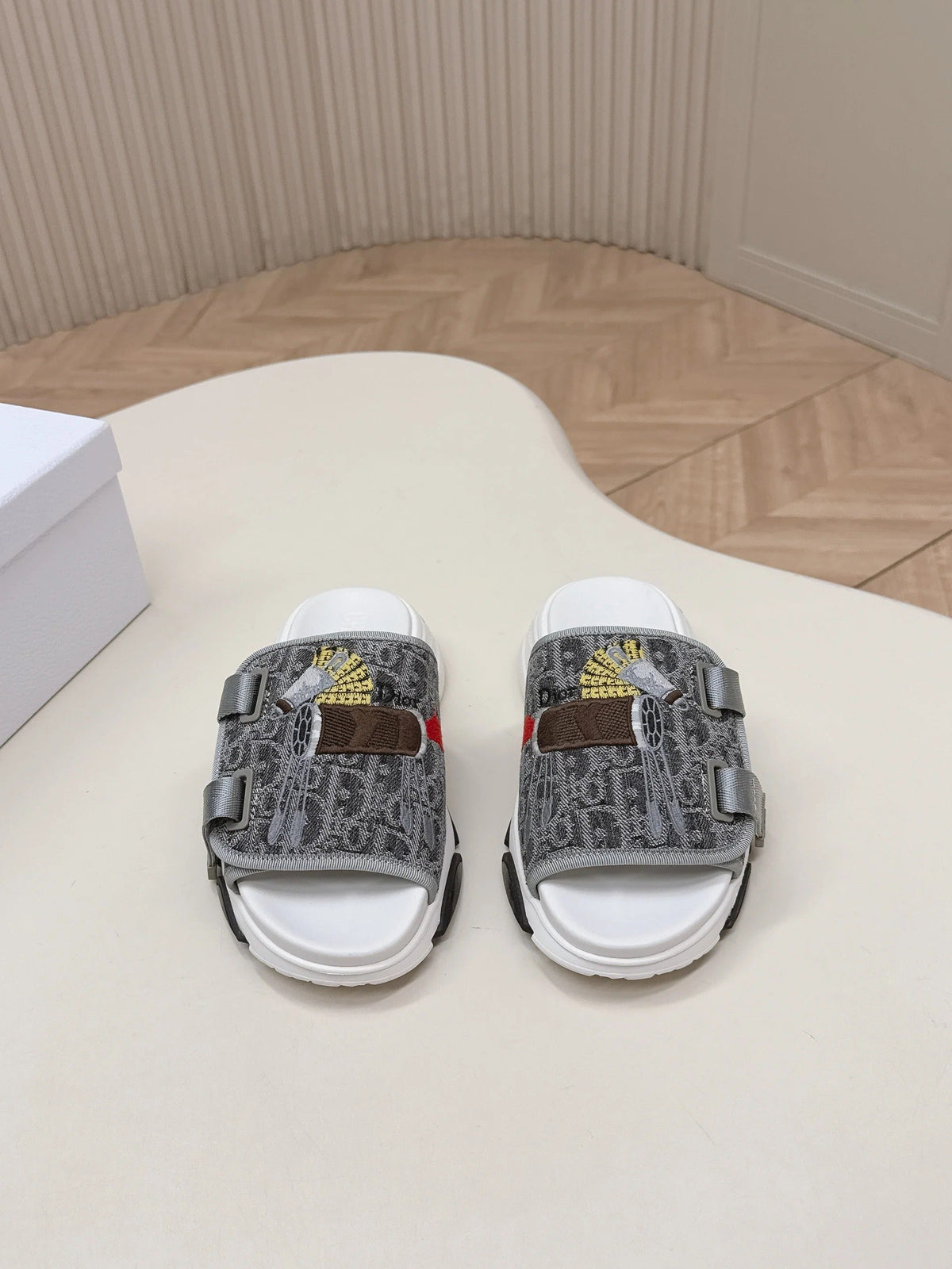 CD 26s Platform Slippers 35 Gray White Canvas Lambskin 643811