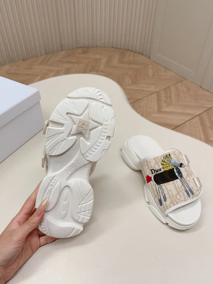 CD 26s Platform Slippers 35 Beige White Canvas Lambskin 643812