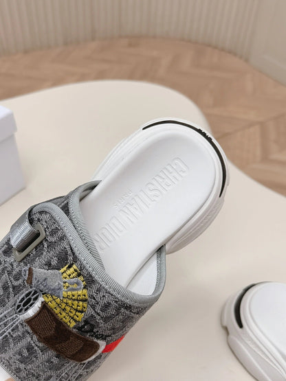 CD 26s Platform Slippers 35 Gray White Canvas Lambskin 643811