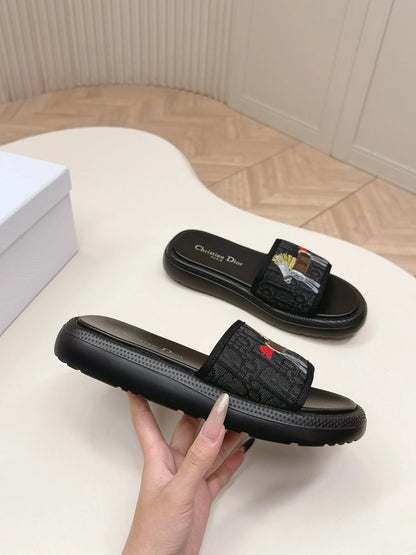 CD 26s Slippers Black Canvas Lambskin 643805