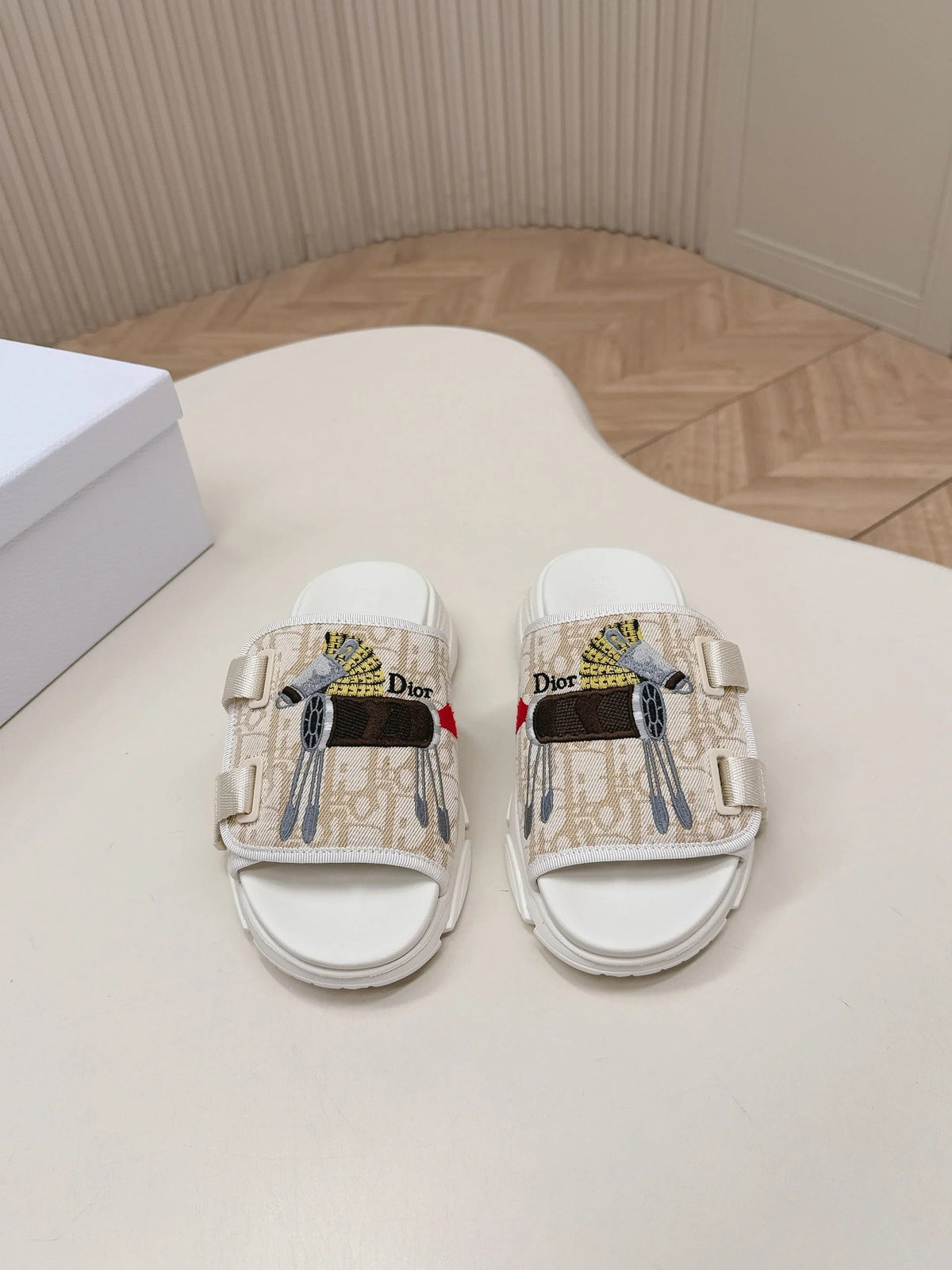 CD 26s Platform Slippers 35 Beige White Canvas Lambskin 643812