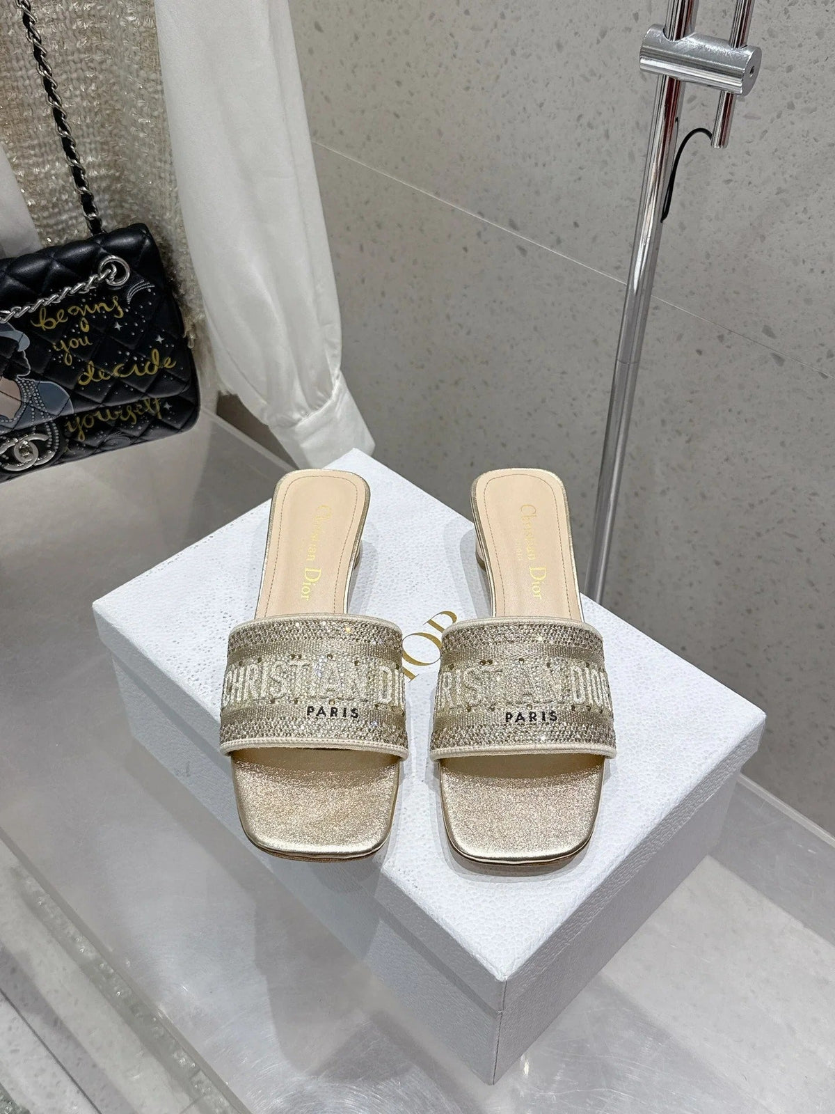 CD 26s Rhinestone Flat Slippers Gold Beige Canvas Leather 636391