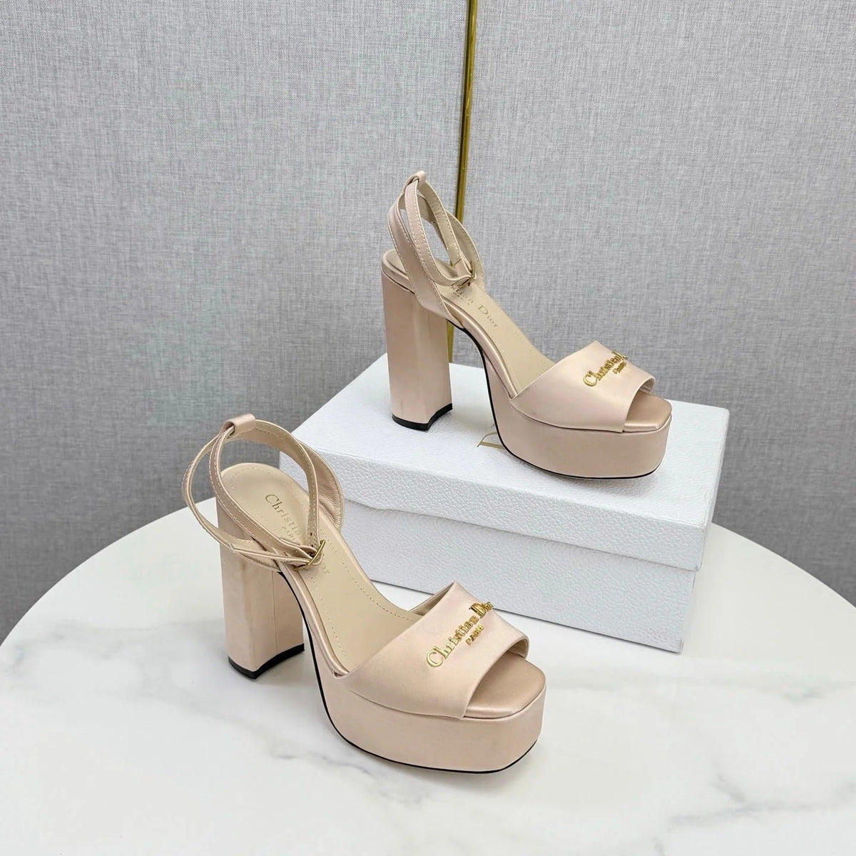 CD 26s Platform Sandals 80 Beige Satin Sheepskin 640230