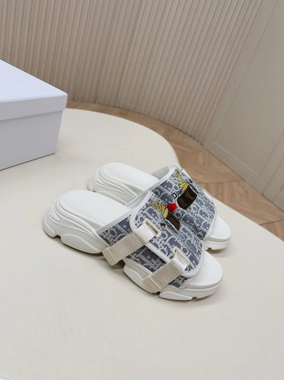 CD 26s Platform Slippers 35 Blue White Canvas Lambskin 643809